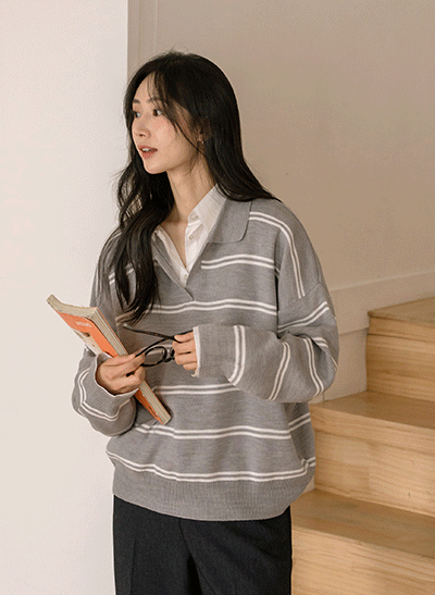 6DA31917NN_Nez Open Collar Loose-Fit Striped Knitwear