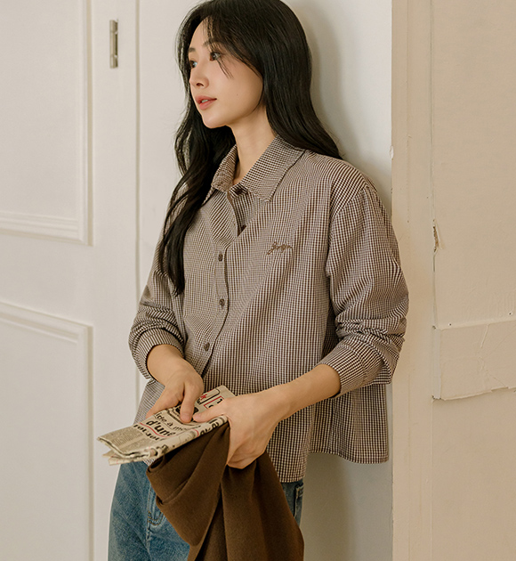 6DA31918HR_Even Mini Check Cropped Shirt (Shoulder Shawl Set)