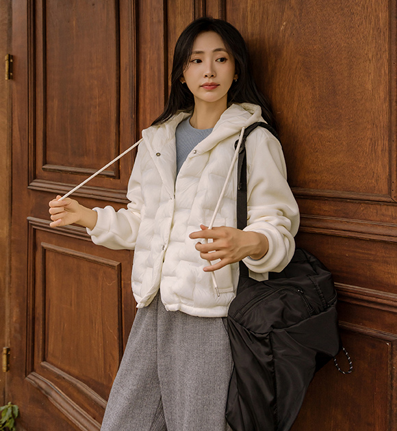 5DA31993HR_Fleece Contrast Lightweight Hooded Puffer Jacket 