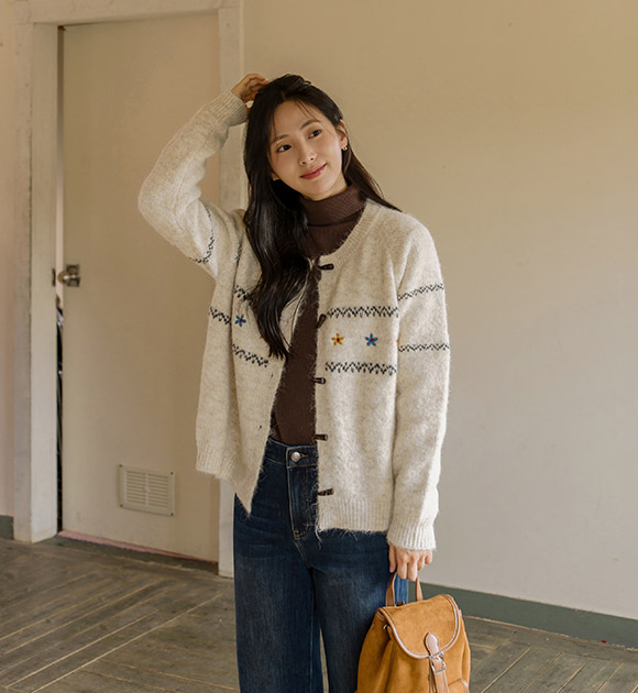 5DA32056HN_Noen Horn-button Floral Embroidery Cardigan