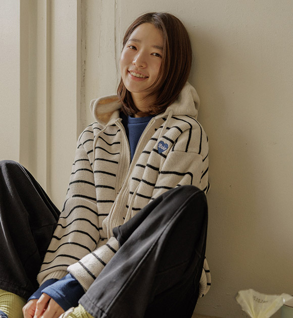 5DA32104NN_Heart Embroidery Two-way Hooded Zip-up(Plain/Stripe)