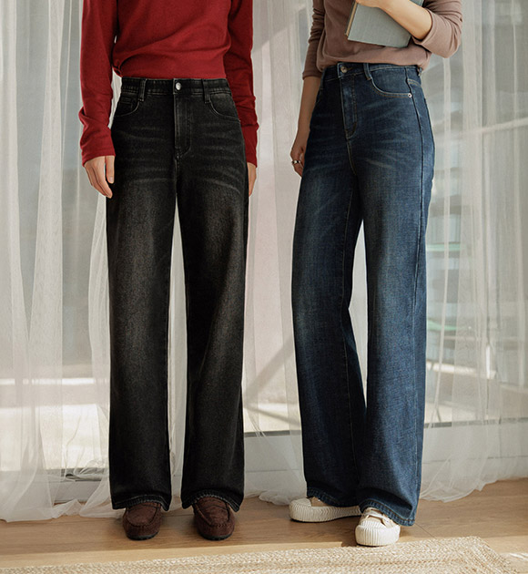 4EJ327JJ_Honeyspan Cover Silhouette Fleece-Lined Wide Jeans (Short/Long)