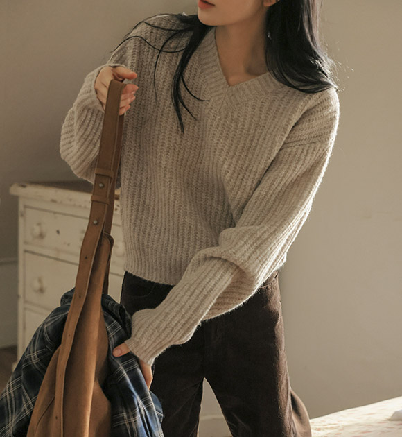 5DA32128NN_Thick Crop Basic Knitwear (Round/V-necked)