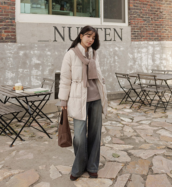 5DA32186NN_Ribbed Contrast Wellon Half Padded Jacket (Scarf Set)