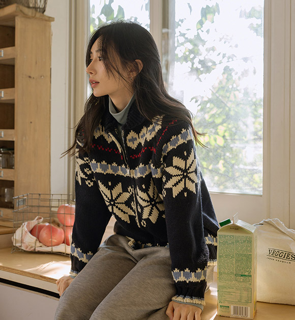 6DA32176NN_Melty Wool 50% Snowflake Nordic Knit Zip-up