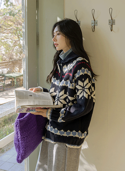 6DA32176NN_Melty Wool 50% Snowflake Nordic Knit Zip-up