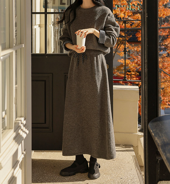 4DA32209JJ_Check-Pattern Detail Knitwear+A-Line Knit Skirt Set