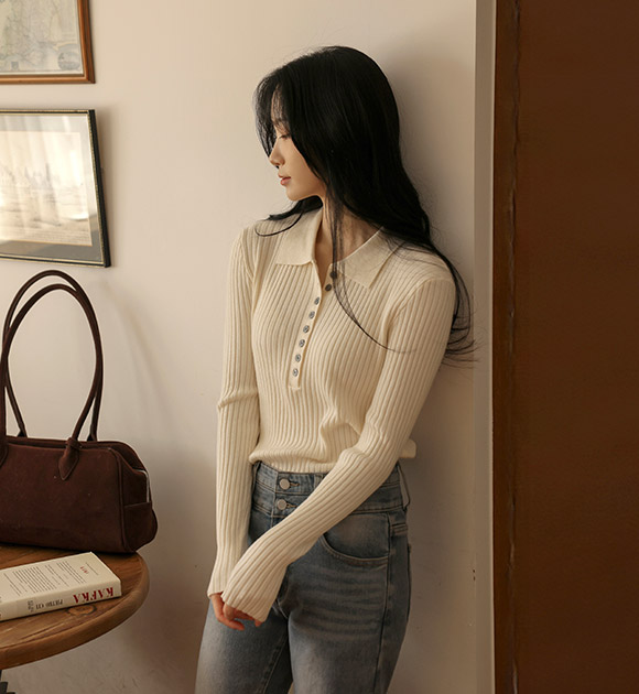 4DA32211CW_Folded Placket Collar Ribbed Knitwear