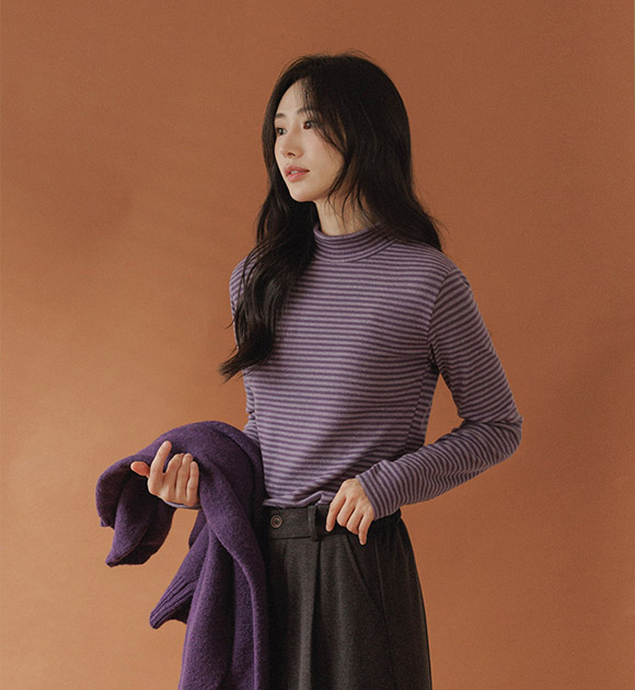 5DA32232NN_Soft Fleece-Lined Striped Half-neck T-Shirt