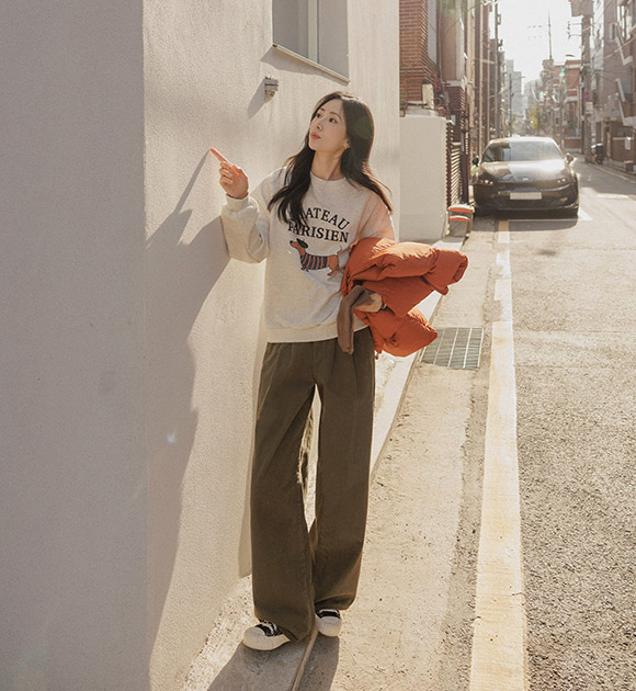 5DA32240NN_Balloon Fit Peach Fleece Pintuck Cotton Pants