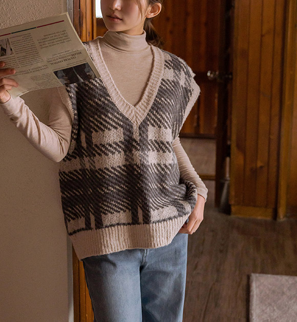 5DA32282CW_Checked Pattern Oversized Wool Knit Vest