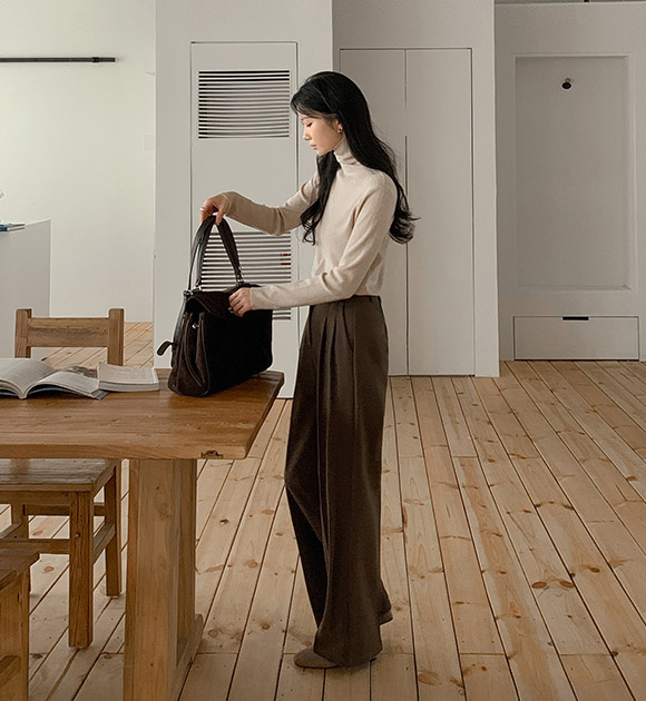 4DA32294NN_Two-pintuck Fleece-lined Semi-wide Slacks (Short/Long)