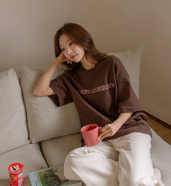 6DA32333HN_Cookie Embroidery Peach Fleece Short-sleeved Shirt