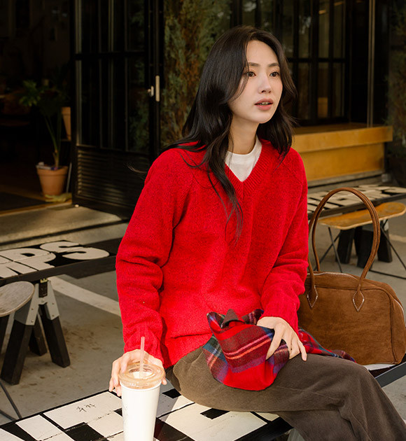 5DA30736NN_[J-BASIC] Fluffy V-necked Raglan Knitwear