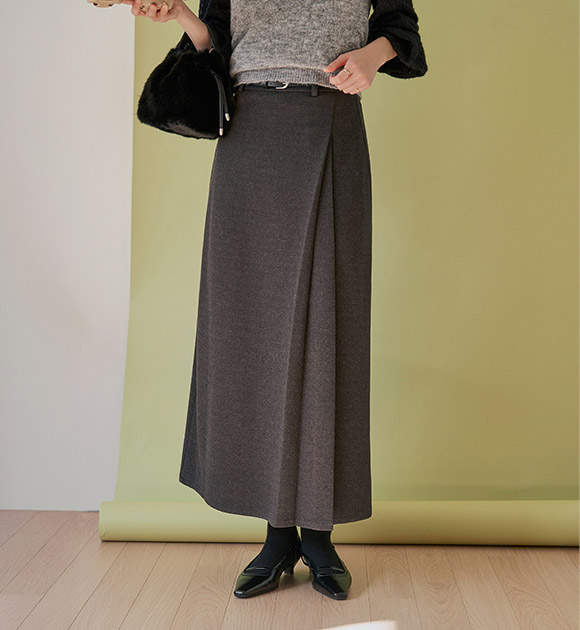 5DA32365HN_Side Pleated Fleece Long Skirt (Belt Set)