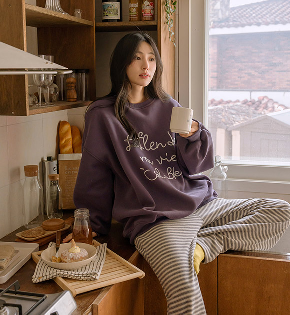 6DA32383CW_English Letter Boxy Fleece Embroidered Sweatshirt