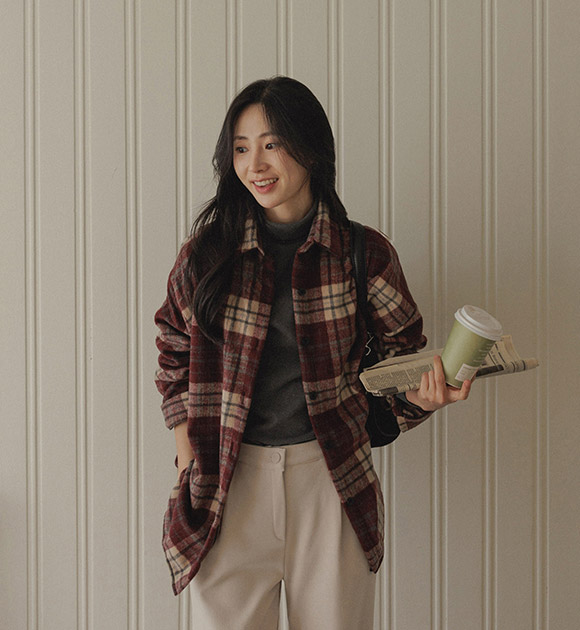 5DA32413HN_Mauve Cozy Box-fit Checkered Shirt