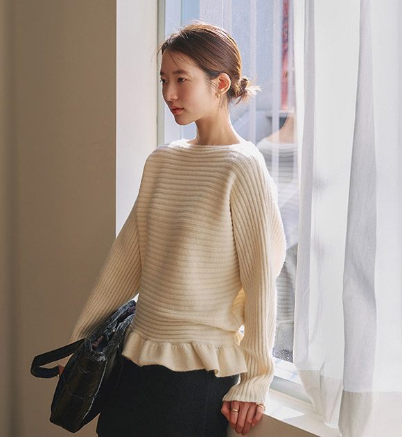5DA32362JJ_Batwing Fit Ruffled Hem Ribbed Knitwear