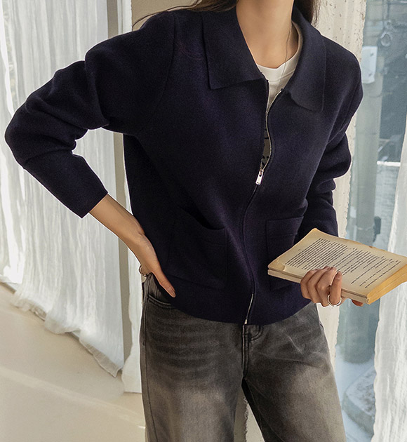 London Viscose Collar Knit Zip-Up