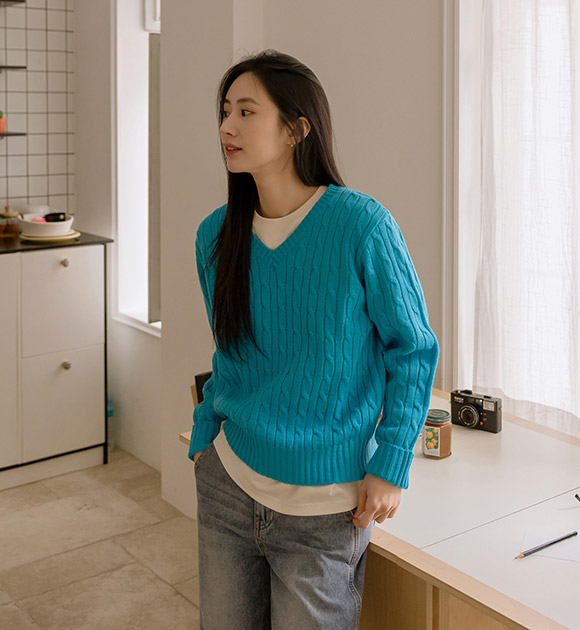 [J-BASIC] Fresh Spring Cable Knit Basic Sweater (Round / V-Neck)