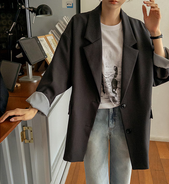 Color-block Accent Single-breasted Loose-fit Jacket