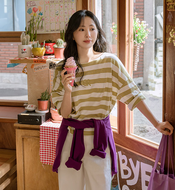 [JUST BETTER] Better Volume Embroidery Stripe Tee