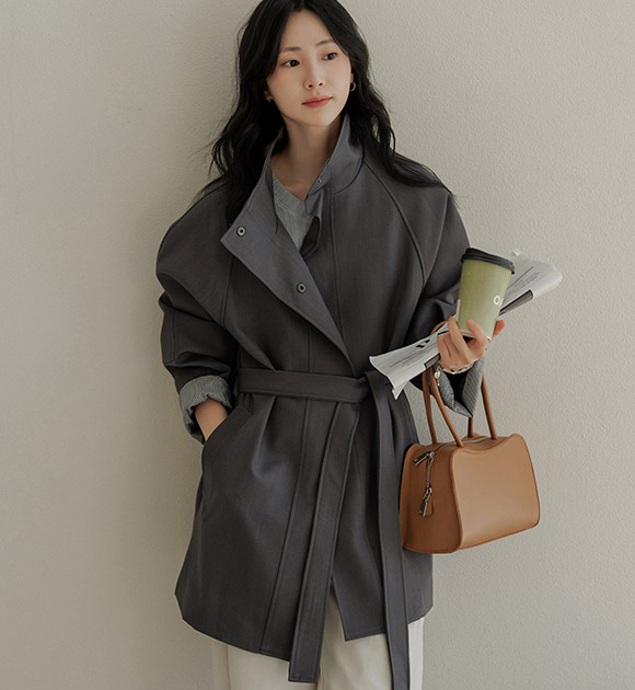 Hidden Check Rolled-up Trench Coat (Belt Set)