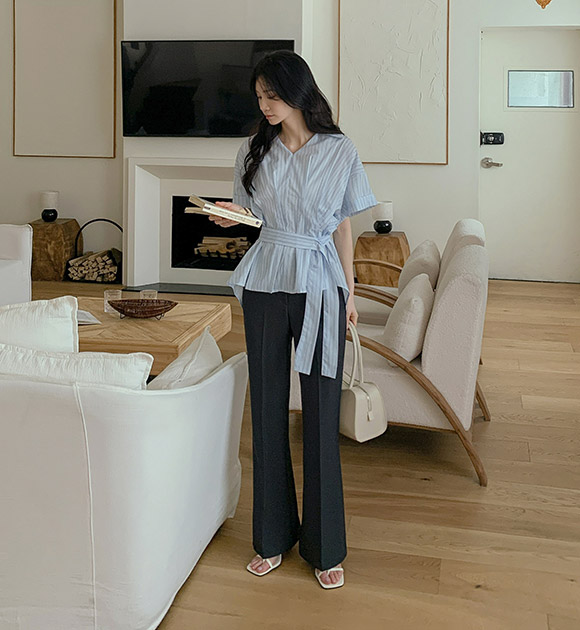 Belted Short-sleeved Shirt Blouse