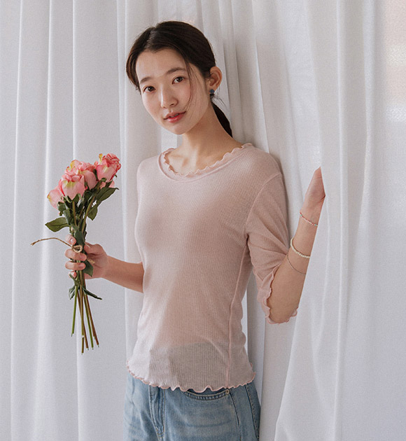 [JUST BETTER] Rona Wave Delicate Ribbed Elbow-sleeve Tee