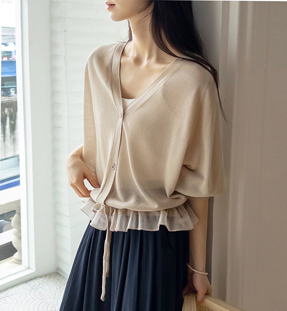 Glossy Shirred-string 3/4 Sleeve Cardigan