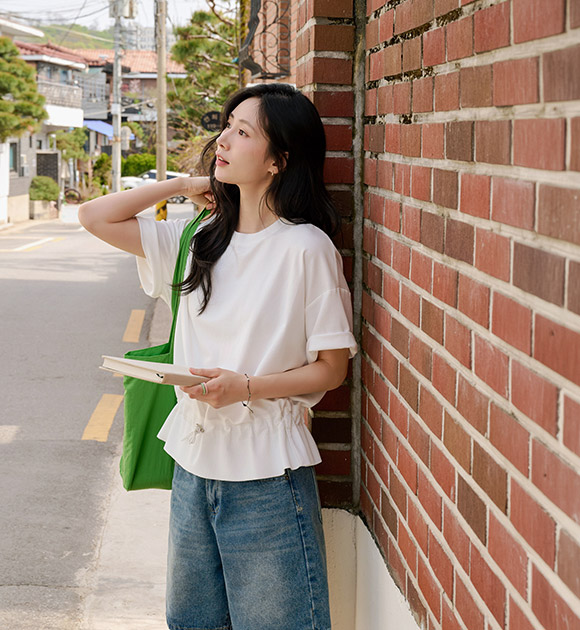Weave ribbed color-block drawstring T-shirt