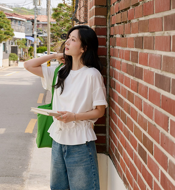 Weave ribbed color-block drawstring T-shirt