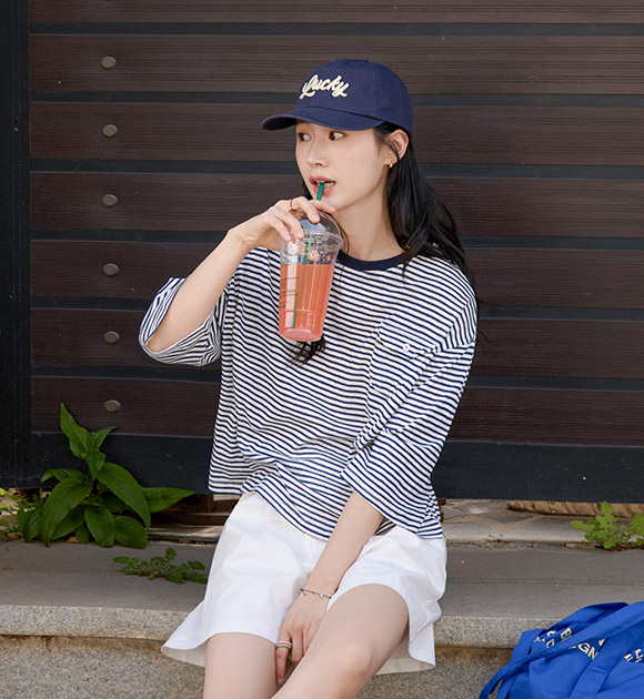 Cool Slub Pocket Striped Elbow-sleeve T-Shirt