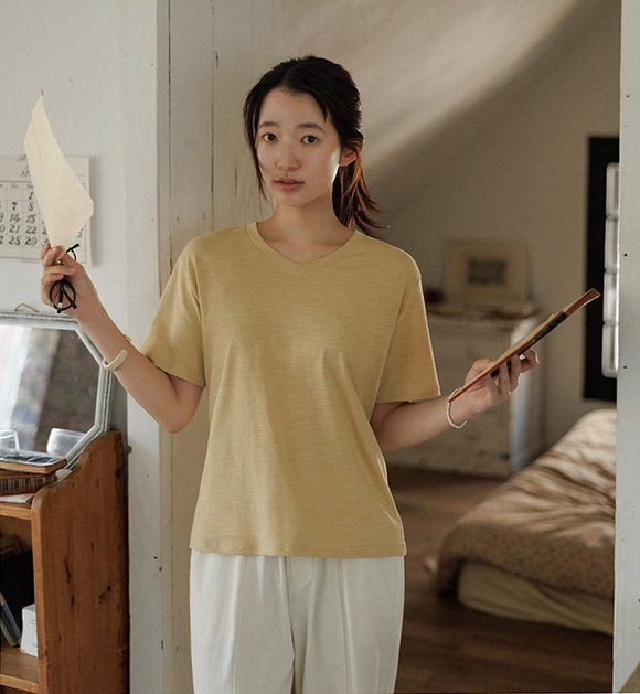 Slub Modal Spandex V-neck T-Shirt