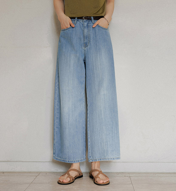 Slim Slub Color Combination Crop Wide Jeans