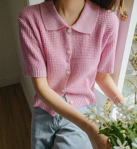 Waffle-knit collared Short-sleeved Cardigan