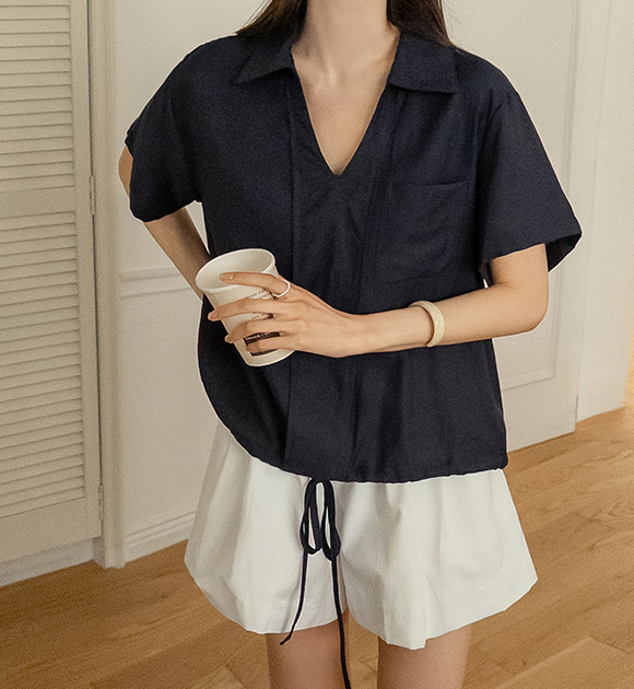 Sand Linen String V-neck Blouse