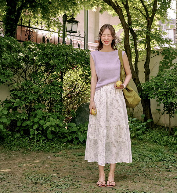 Ditsy Floral Print Tiered Banding Skirt