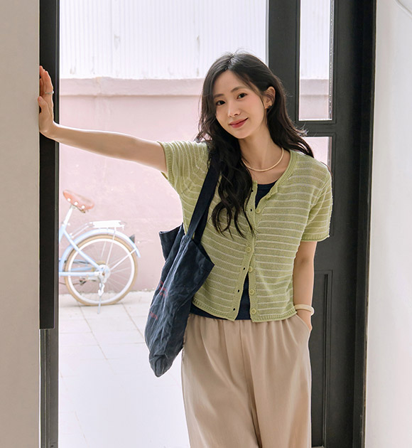 Rolling Striped Short-sleeve Cardigan