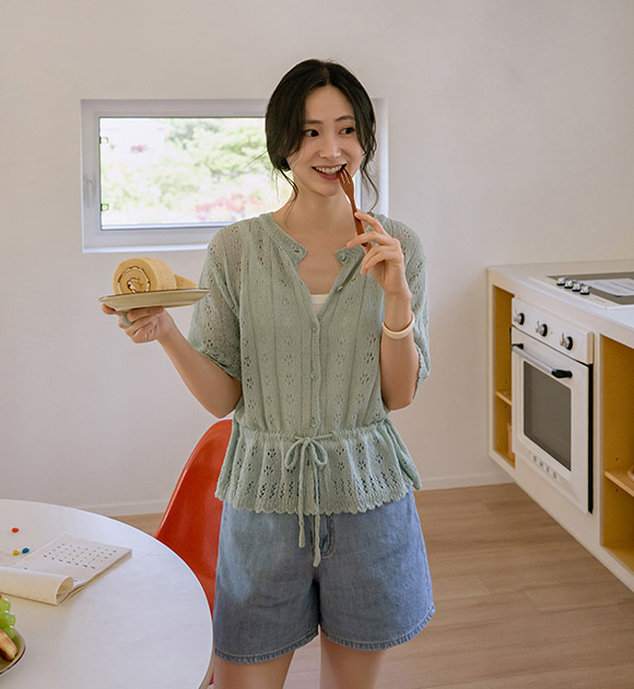 Uni Waist String Short-Sleeve Cardigan
