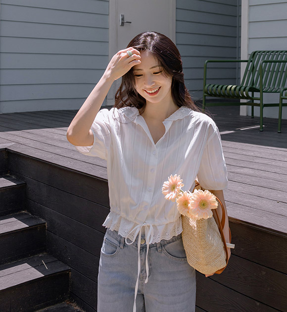[JUST BETTER] Eyelet Punching Frill Blouse