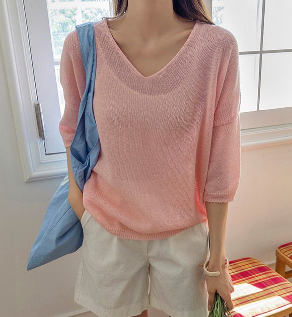 Breathable Linen V-Neck Short-Sleeve Knitwear