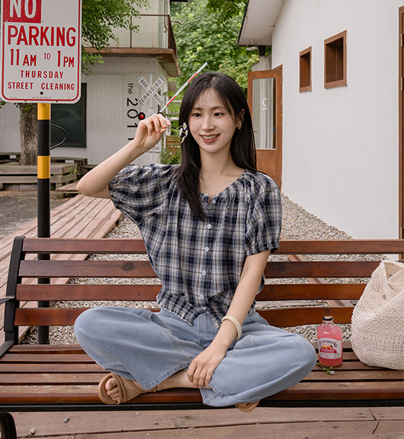 [JUST BETTER] Roa Smocked Plaid Blouse