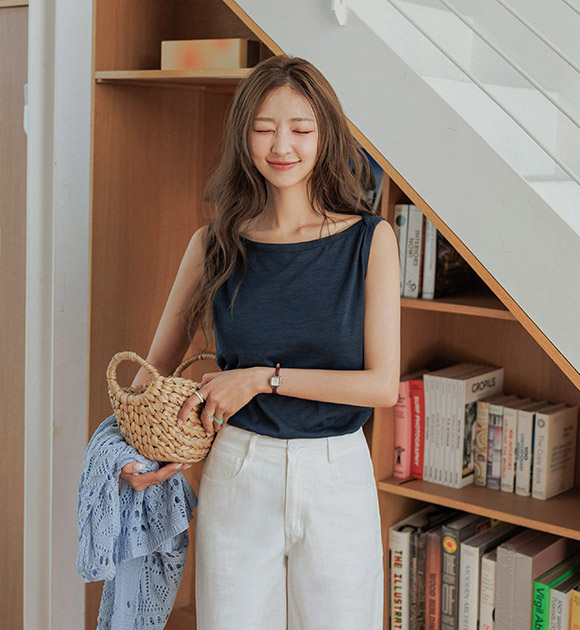 Poer Boat-Neck Slub Sleeveless Top