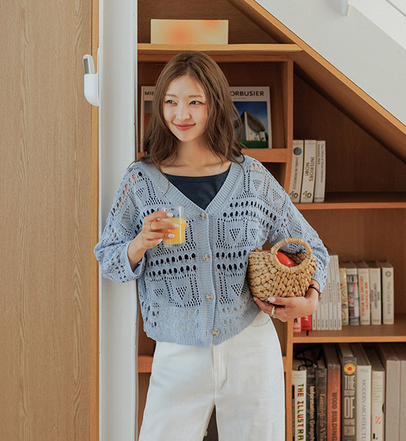 Seas Open-Knit Punching 3/4 Sleeve Cardigan