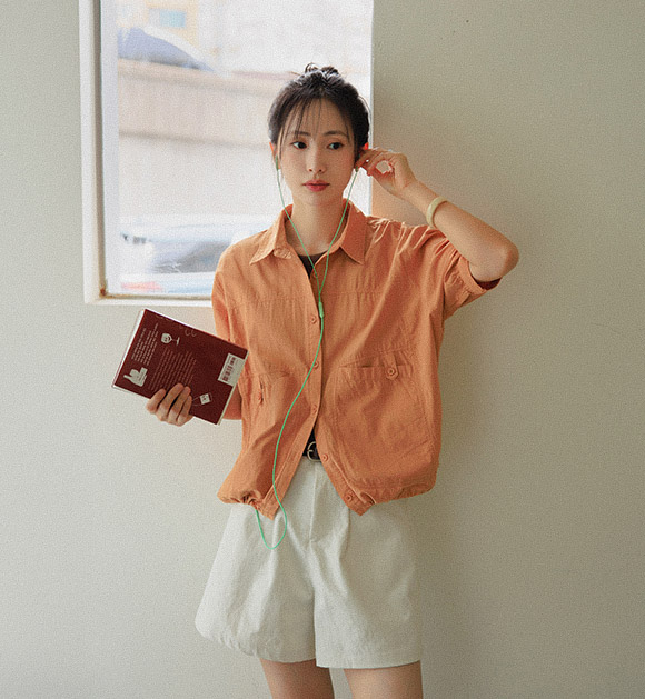 Pocket Button String Cotton Shirt