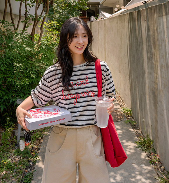 Red Lettering Striped Short-Sleeve T-Shirt