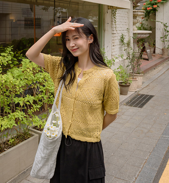 Quni Pointelle Openwork Short-Sleeve Cardigan