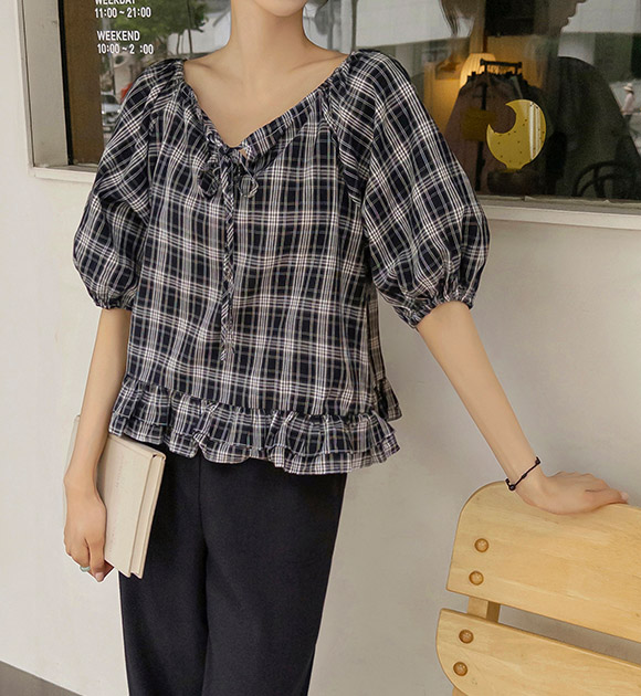 Ruffled Hem Balloon Blouse (Plain/Checkered)