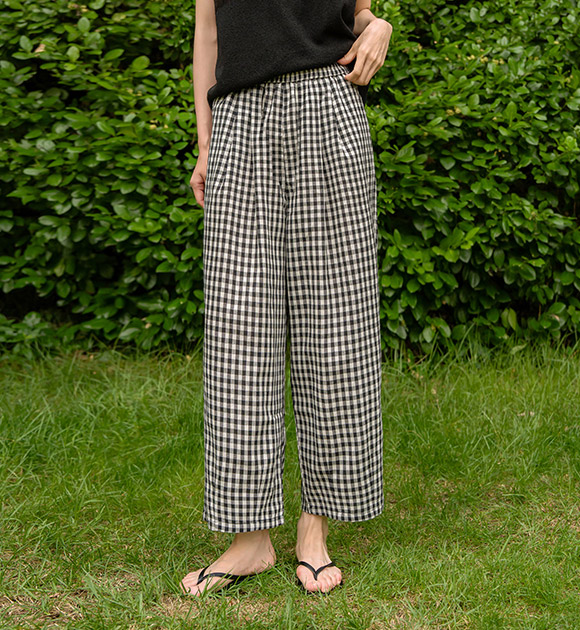 Gingham Check Banded Baggy Cropped Pants